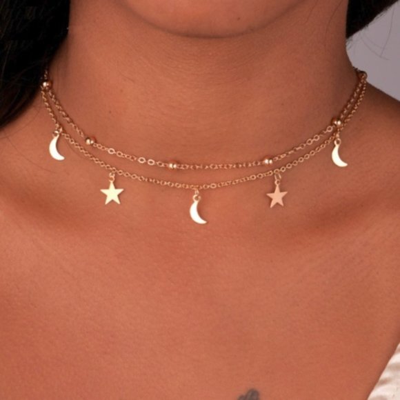 NeonMilk Jewelry - NEW Dainty Golden Layered Choker w/ Moons & Stars